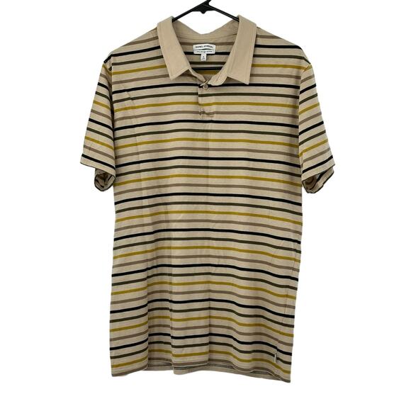 Banks Journal Shirt Men Medium Polo Tan Stripe 100% Organic Cotton Casual Preppy - Picture 1 of 5